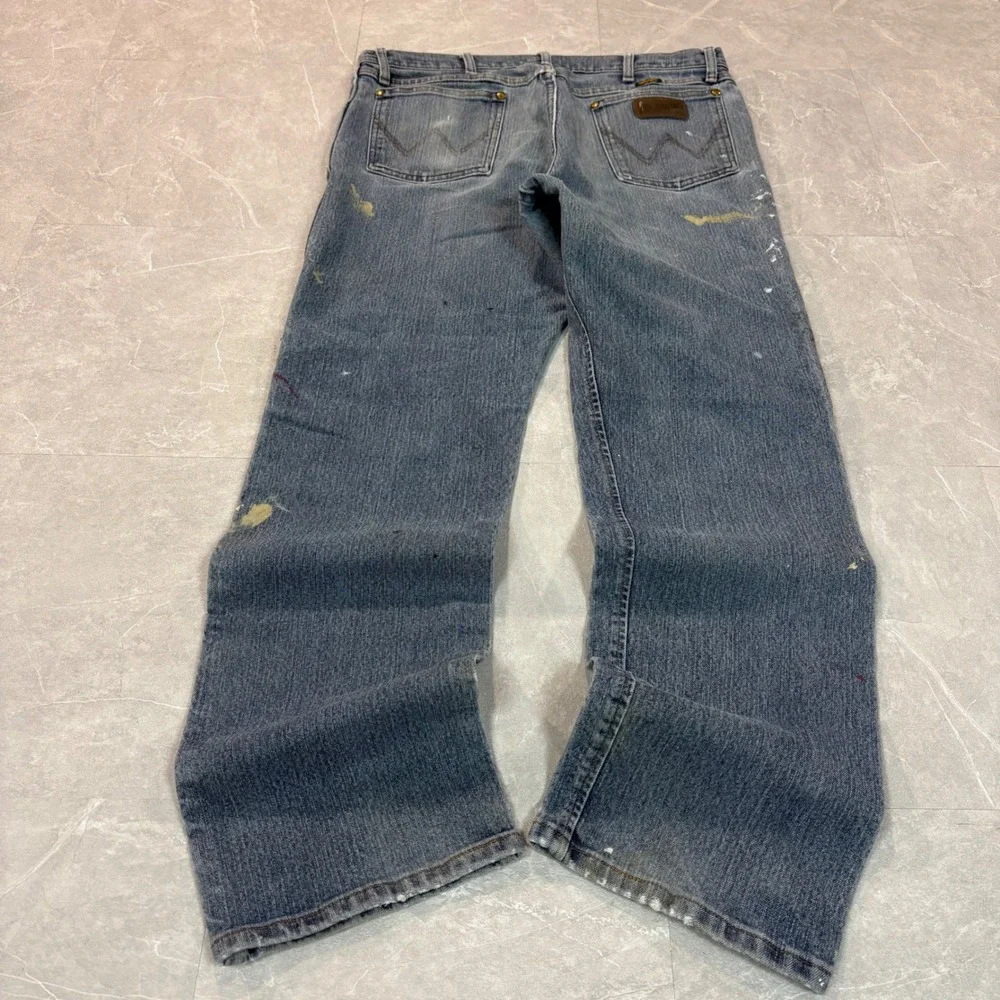 Wrangler 47MACMS Mens Blue Paint Splatter Cowboy Cut Jeans 36x32 Distressed